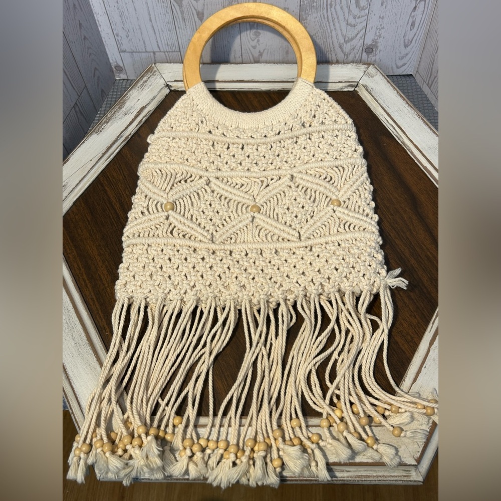 Cream Macramé Bag with Wooden Handle